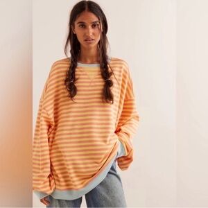 Free People We The Free Classic Striped Oversized Crewneck Tangerine, LARGE NWOT